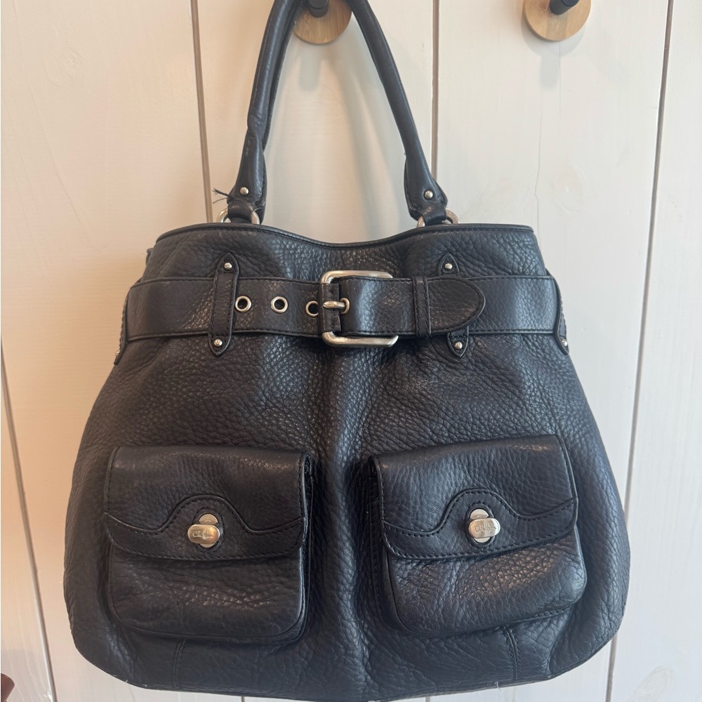 Cole Haan Black Shoulder Bag with Double Straps and Buckle Detail